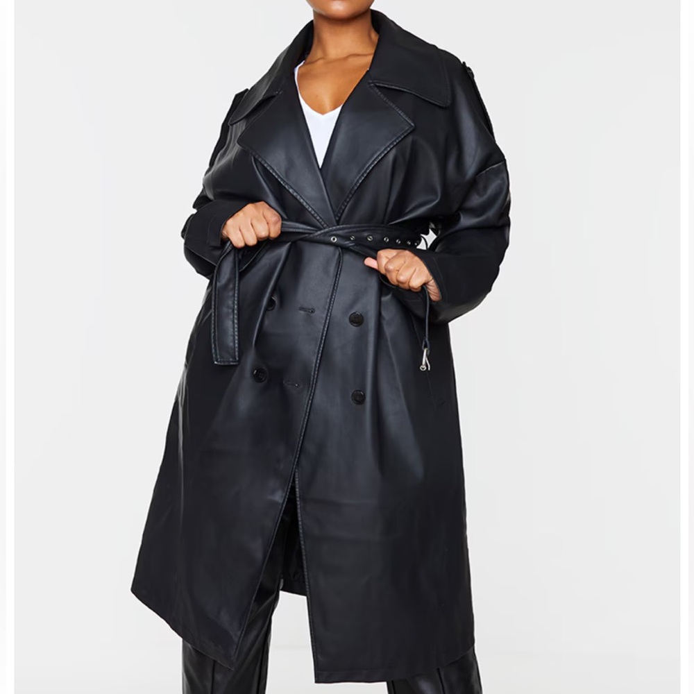 PrettyLittleThing Plus Black Faux Leather Drop Arm Midi Trench Coat in US 22